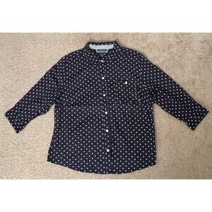 Karen Scott Shirt Womens XL Navy / White Polka Dot Button Up 3/4 Roll Tab Sleeve